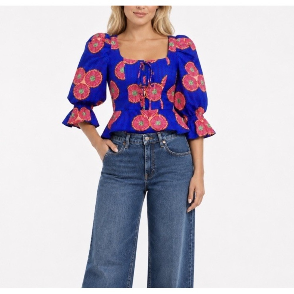NWT Autumn Adeigbo Mallory Top Size 2 Blue Pink Puff Sleeve Lace Up Peplum - Picture 3 of 13